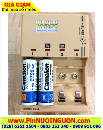 Super BC-3; Bộ sạc Pin Super BC-3 Kèm sẳn 2 pin Sạc Camelion NH-AA2700LBP2 (AA2700mAh 1.2v)